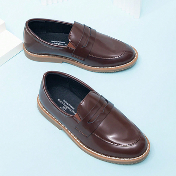 Pantofi pentru copii, stil britanic, slip-on, vârf rotund, toc mic, PU partea superioară