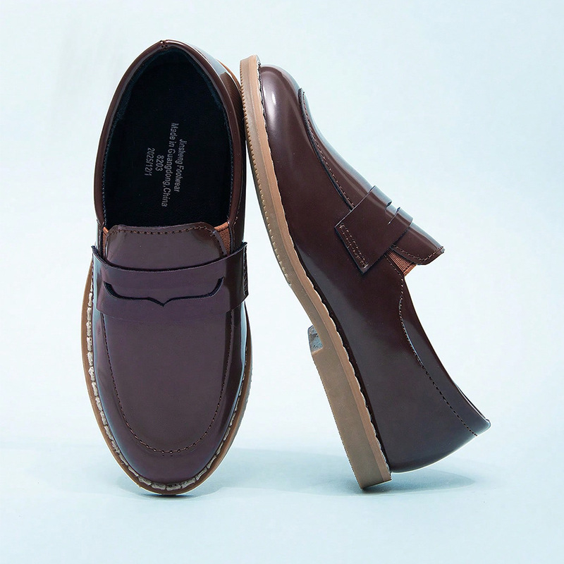 Pantofi pentru copii, stil britanic, slip-on, vârf rotund, toc mic, PU partea superioară