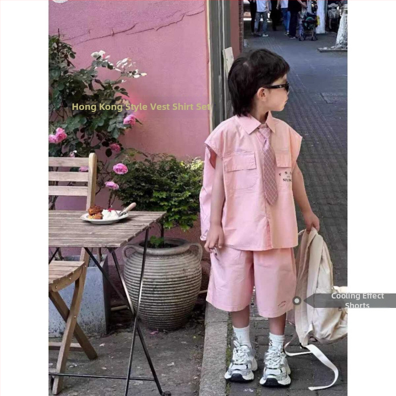 Háromrészes gyerek öltöny, ujjatlan ing, nyakkendő — Koreai stílus, nyár 2024, anyag: poliészter regenerált cellulóz rostokkal (51–70%).