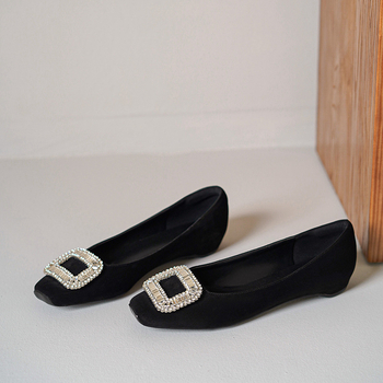 Pantofi dama cu varf pătrat, din piele intoarsă, slip-on, toc mic, talpă din cauciuc