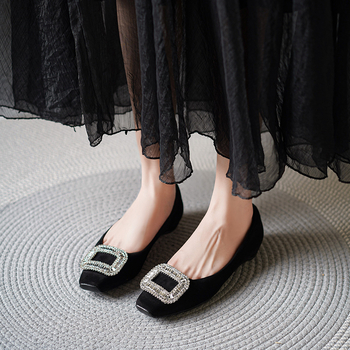 Pantofi dama cu varf pătrat, din piele intoarsă, slip-on, toc mic, talpă din cauciuc