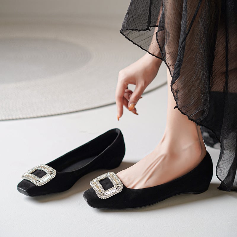 Pantofi dama cu varf pătrat, din piele intoarsă, slip-on, toc mic, talpă din cauciuc