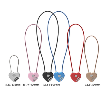 Lacăt de tip combinație în formă de inimă, cu cablu metalic lung, lacăt de iubire cu două inimi pentru genți și bagaje (Model 06U, aliaj de zinc, tijă 4 mm, distanța dintre tije 15 mm)