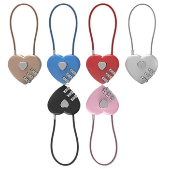Lacăt de tip combinație în formă de inimă, cu cablu metalic lung, lacăt de iubire cu două inimi pentru genți și bagaje (Model 06U, aliaj de zinc, tijă 4 mm, distanța dintre tije 15 mm)