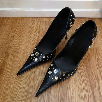 Mule pentru femei cu vârf ascuțit și toc înalt, parte superioară din microfibră, talpă din cauciuc, stil fashion coreean