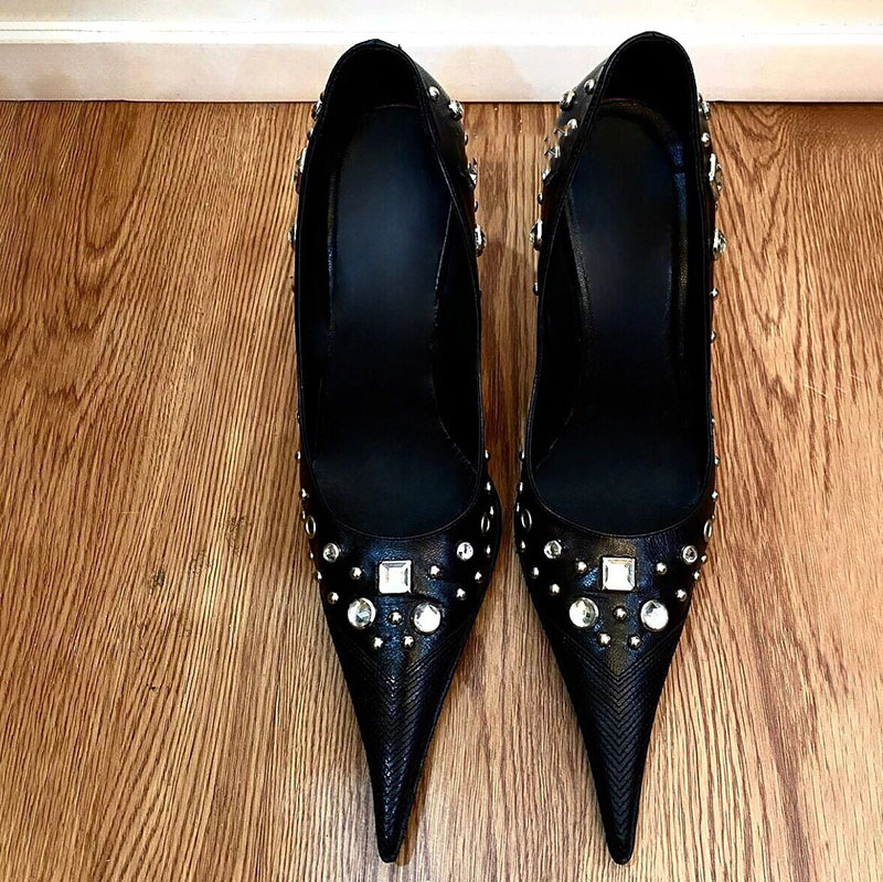 Mule pentru femei cu vârf ascuțit și toc înalt, parte superioară din microfibră, talpă din cauciuc, stil fashion coreean