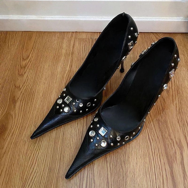 Mule pentru femei cu vârf ascuțit și toc înalt, parte superioară din microfibră, talpă din cauciuc, stil fashion coreean
