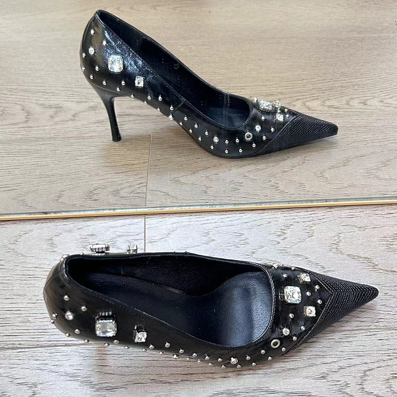 Mule pentru femei cu vârf ascuțit și toc înalt, parte superioară din microfibră, talpă din cauciuc, stil fashion coreean
