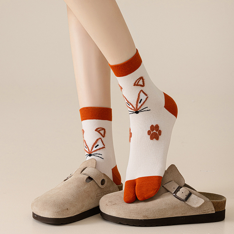 Șosete pentru femei cu degete separate, lungime medie, model cartoon, amestec din bumbac-poliester-nylon, respirabile