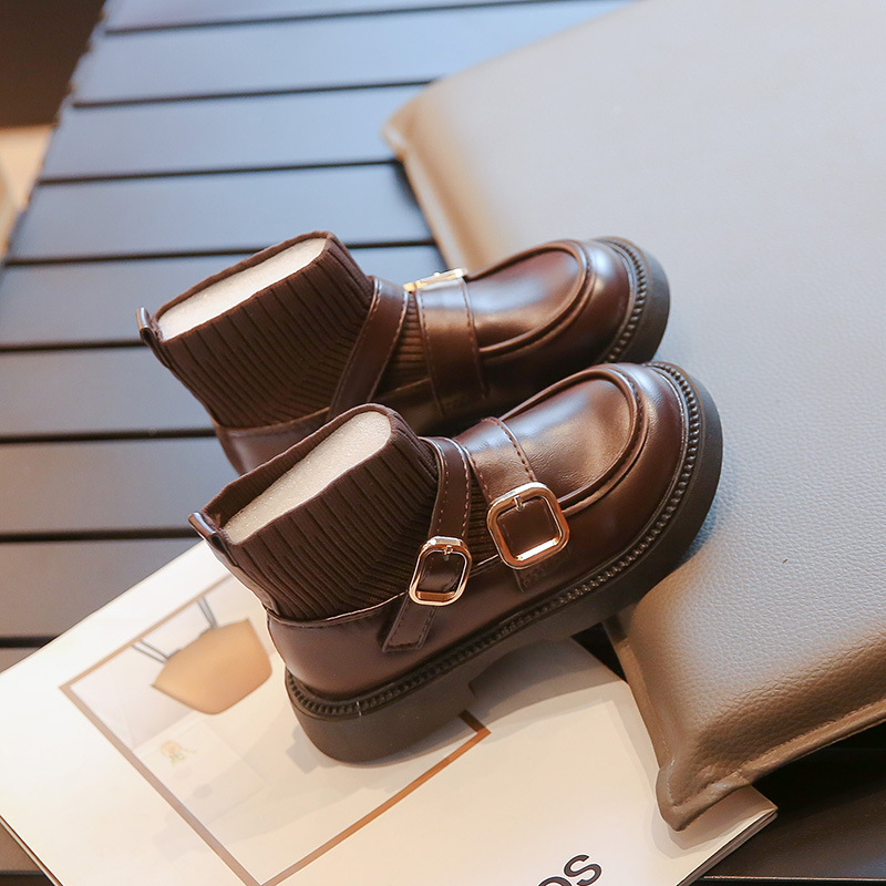 Pantofi PU pentru fete - vârf rotund, gleznă medie, slip-on, stil școlar