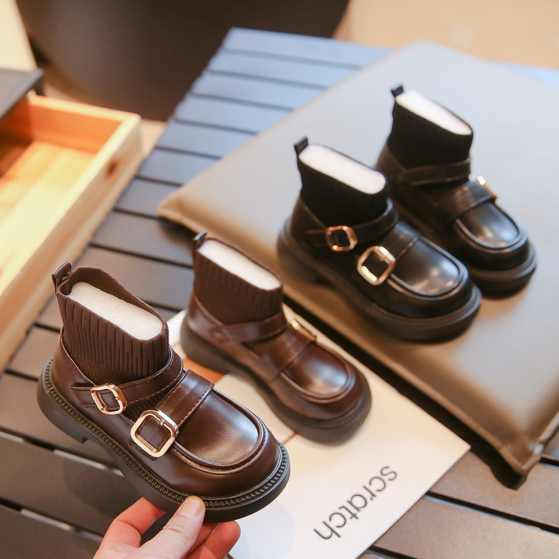 Pantofi PU pentru fete - vârf rotund, gleznă medie, slip-on, stil școlar