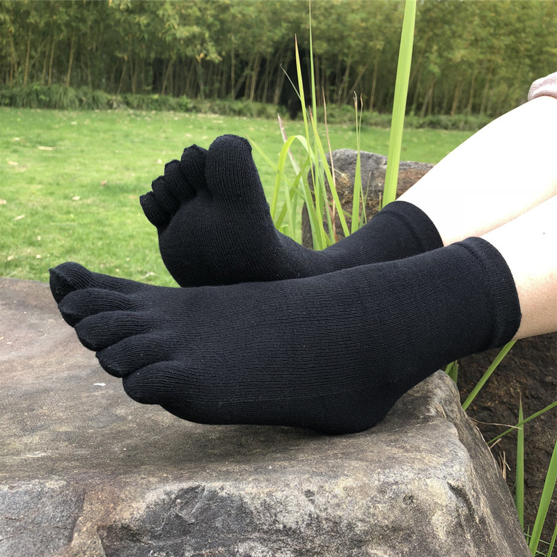 Șosete cu degete din bumbac pentru bărbați și femei, lungime medie, uni, tricotate cu ac simplu, absorbție a transpirației, anti-frecare