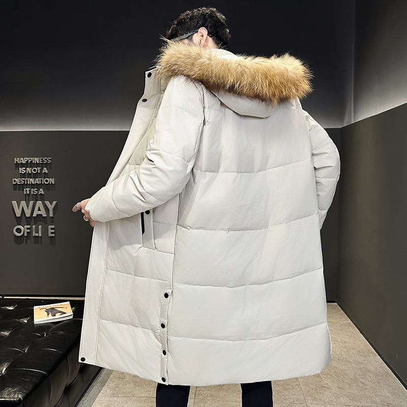 Ανδρικό μπουφάν με κουκούλα, γούνινος γιακάς, γέμισμα από λευκά πούπουλα χήνας, πλήρωση 550, πλένεται στο πλυντήριο