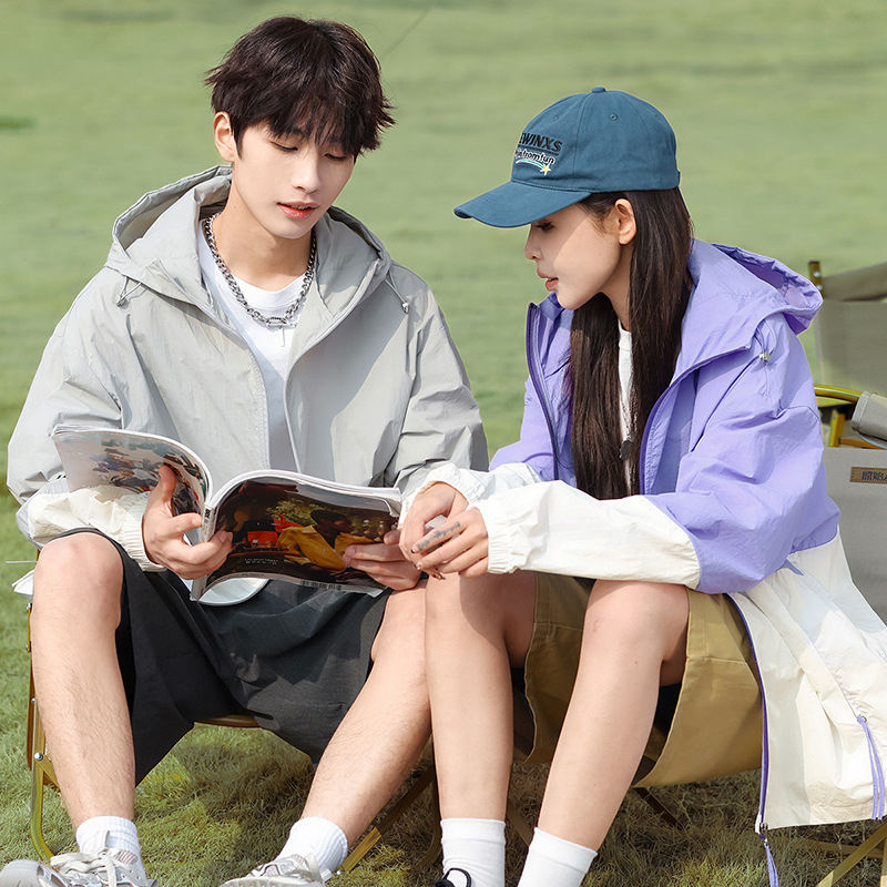 Jachetă cu glugă pentru protecție solară, vară, croială lejeră, UPF50+, amestec poliester, fermoar