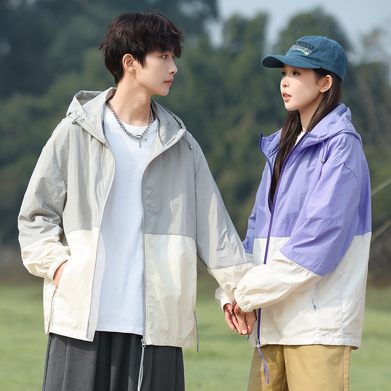 Jachetă cu glugă pentru protecție solară, vară, croială lejeră, UPF50+, amestec poliester, fermoar