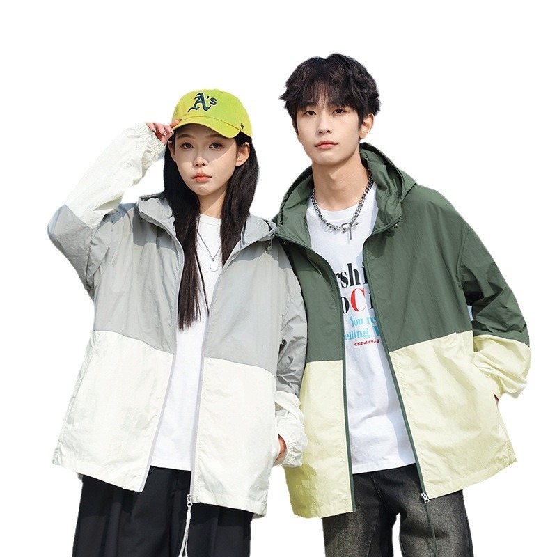 Jachetă cu glugă pentru protecție solară, vară, croială lejeră, UPF50+, amestec poliester, fermoar