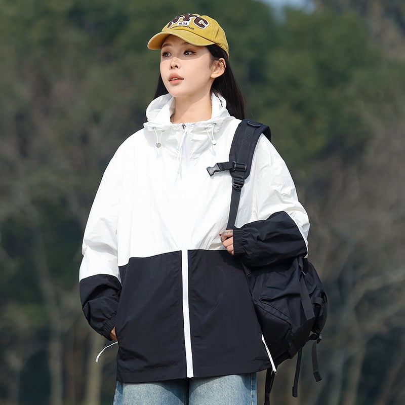 Jachetă cu glugă pentru protecție solară, vară, croială lejeră, UPF50+, amestec poliester, fermoar