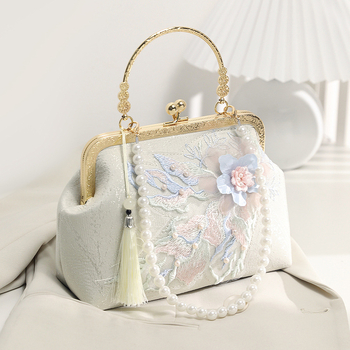 Geantă de mână cu stil național literar, poliester, formă orizontală pătrată, închidere cu lacăt, buzunar intern pentru telefon