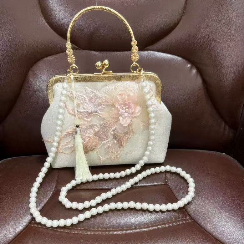 Geantă de mână cu stil național literar, poliester, formă orizontală pătrată, închidere cu lacăt, buzunar intern pentru telefon