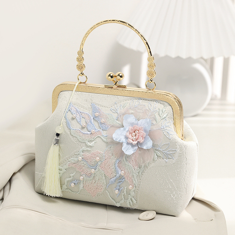 Geantă de mână cu stil național literar, poliester, formă orizontală pătrată, închidere cu lacăt, buzunar intern pentru telefon