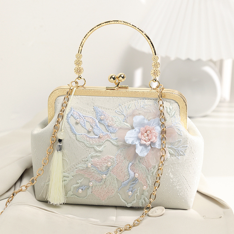 Geantă de mână cu stil național literar, poliester, formă orizontală pătrată, închidere cu lacăt, buzunar intern pentru telefon