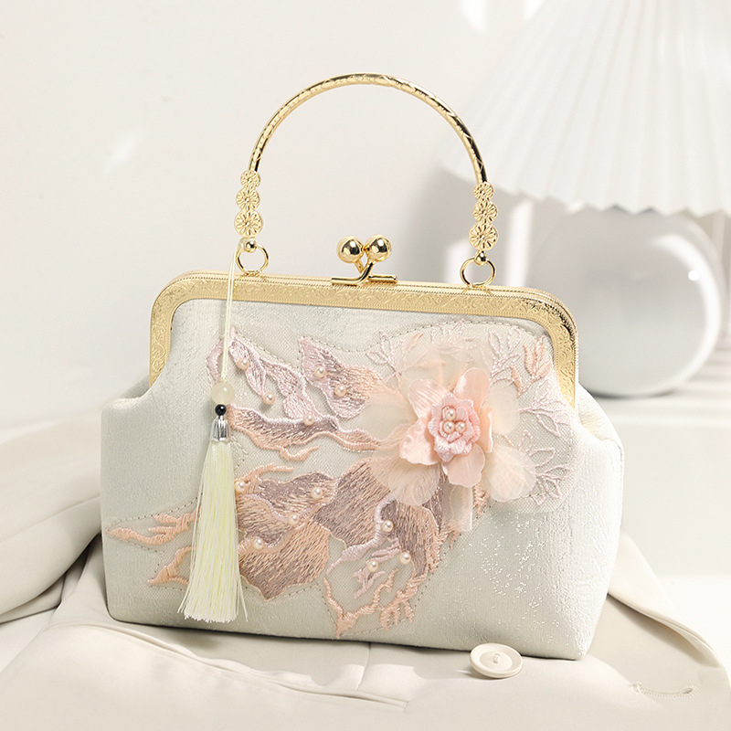 Geantă de mână cu stil național literar, poliester, formă orizontală pătrată, închidere cu lacăt, buzunar intern pentru telefon