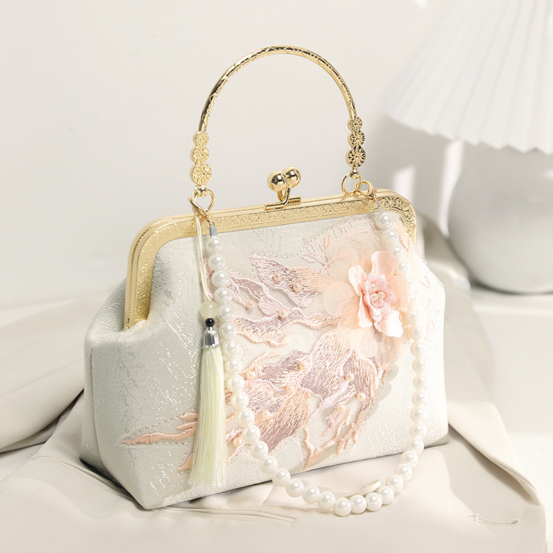 Geantă de mână cu stil național literar, poliester, formă orizontală pătrată, închidere cu lacăt, buzunar intern pentru telefon