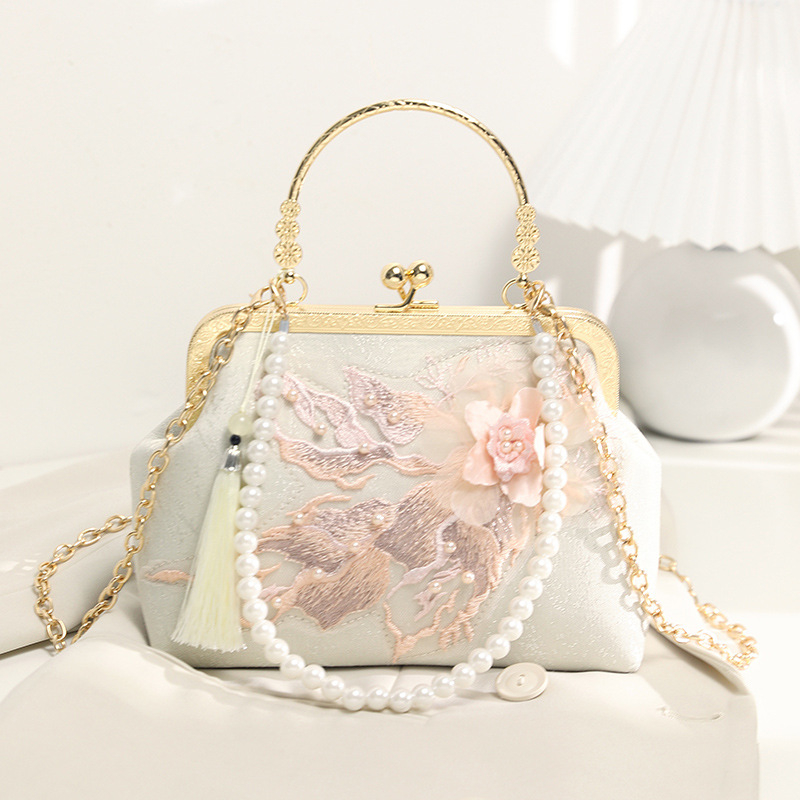 Geantă de mână cu stil național literar, poliester, formă orizontală pătrată, închidere cu lacăt, buzunar intern pentru telefon