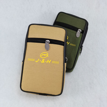 Mobiltelefon-táska vászonból, cipzáras nyitás, vízszintes négyszögletes forma, belső rekesz cipzárhálós elrendezéssel, vászon bélés