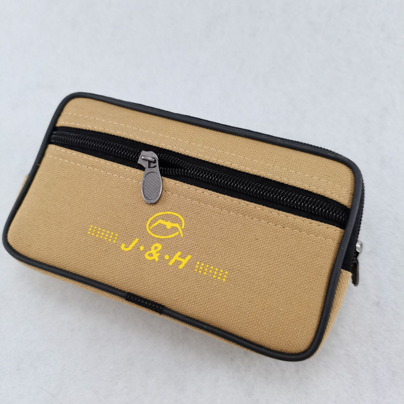 Mobiltelefon-táska vászonból, cipzáras nyitás, vízszintes négyszögletes forma, belső rekesz cipzárhálós elrendezéssel, vászon bélés