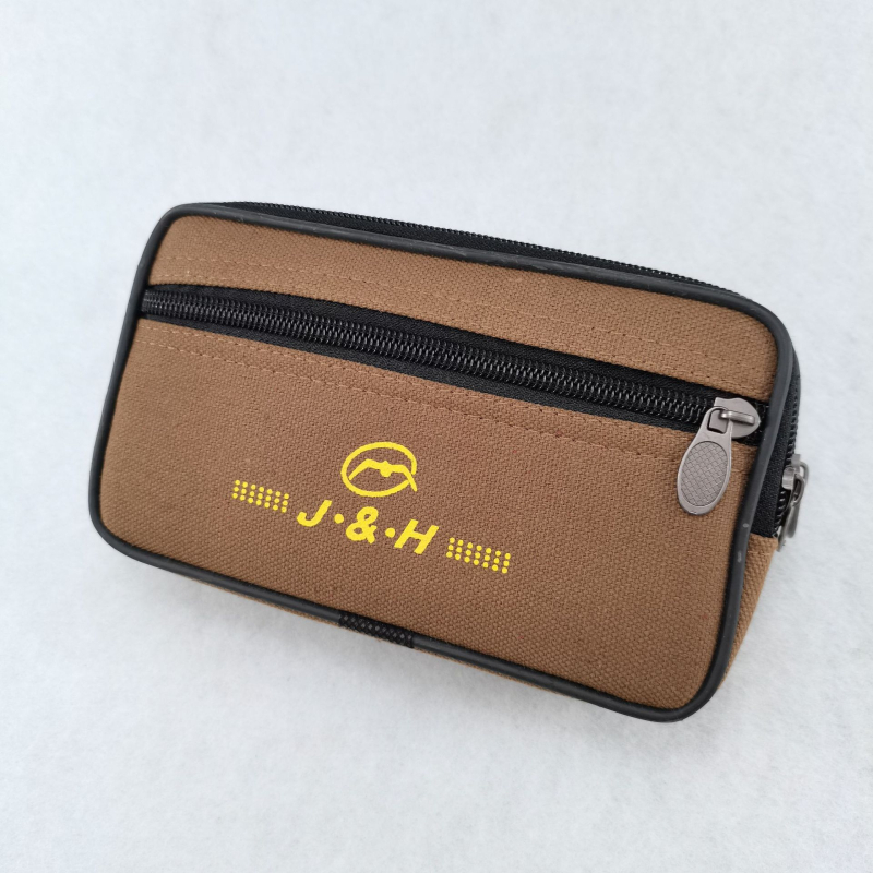 Mobiltelefon-táska vászonból, cipzáras nyitás, vízszintes négyszögletes forma, belső rekesz cipzárhálós elrendezéssel, vászon bélés