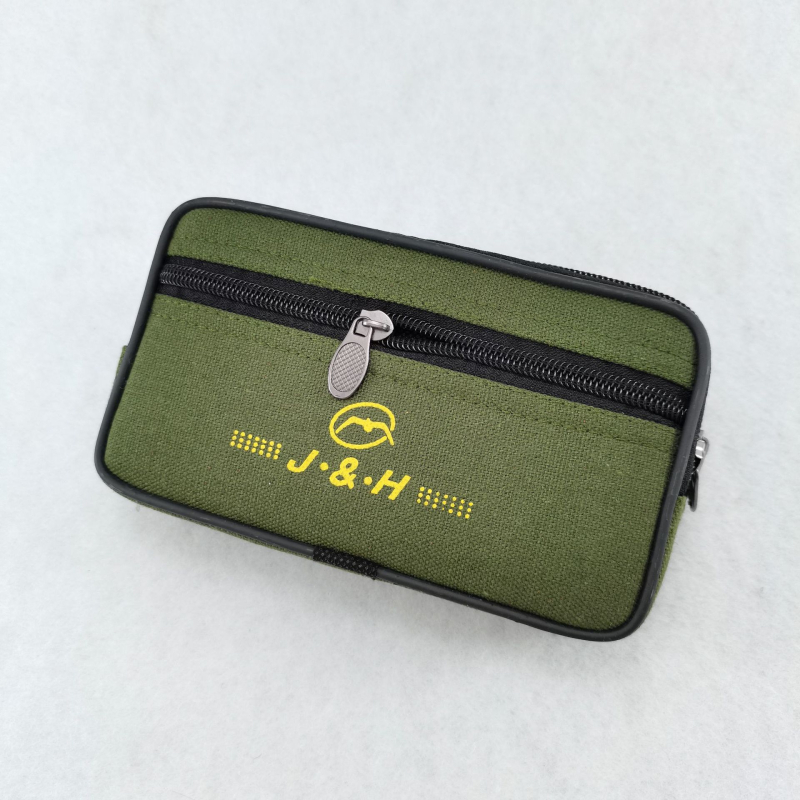 Mobiltelefon-táska vászonból, cipzáras nyitás, vízszintes négyszögletes forma, belső rekesz cipzárhálós elrendezéssel, vászon bélés