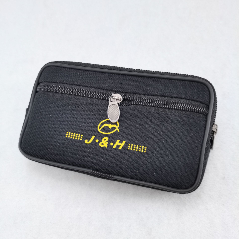 Mobiltelefon-táska vászonból, cipzáras nyitás, vízszintes négyszögletes forma, belső rekesz cipzárhálós elrendezéssel, vászon bélés