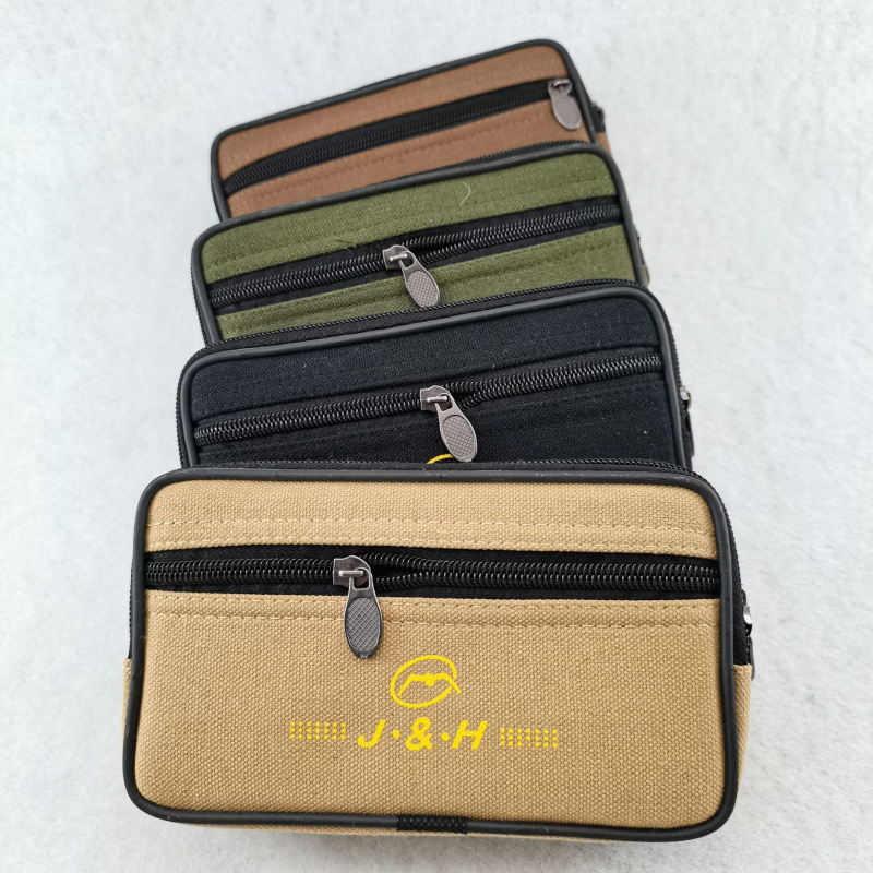 Mobiltelefon-táska vászonból, cipzáras nyitás, vízszintes négyszögletes forma, belső rekesz cipzárhálós elrendezéssel, vászon bélés