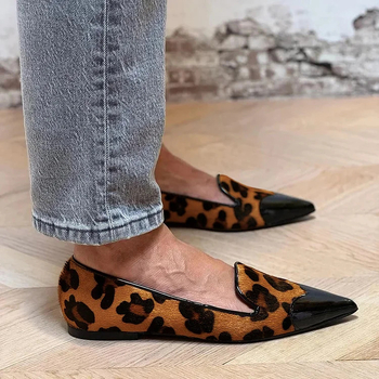 Loafers s leopard printom, špičasti nos, PU gornji dio, gumena potplat, niski potpetica, slip-on