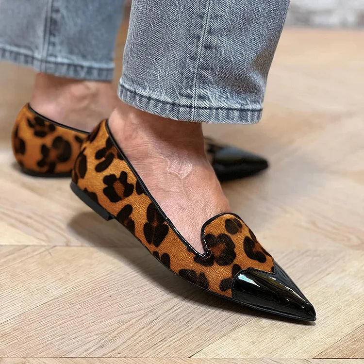 Loafers s leopard printom, špičasti nos, PU gornji dio, gumena potplat, niski potpetica, slip-on