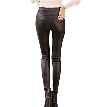 Ženske mat PU kožne legice - Pencil/Leggings stil, Uski kroj, Jednobojne, >95% PU sadržaj, Toplo, Srednja debljina