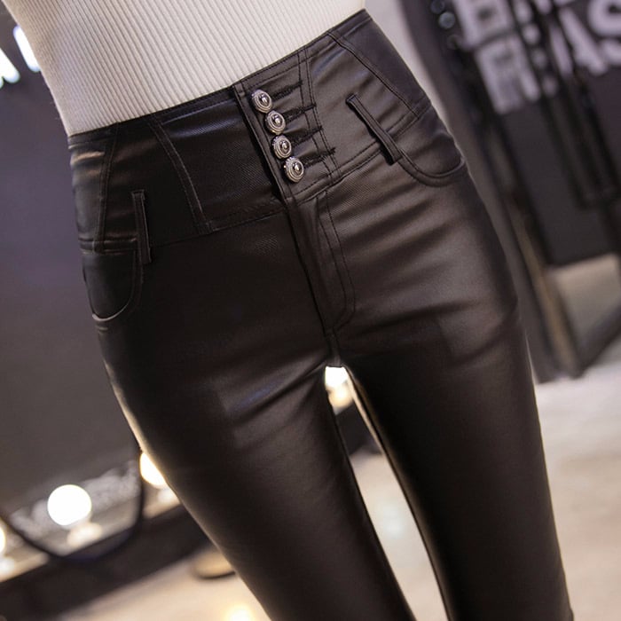 Ženske mat PU kožne legice - Pencil/Leggings stil, Uski kroj, Jednobojne, >95% PU sadržaj, Toplo, Srednja debljina