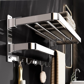 Összecsukható törölközőtartó 304 rozsdamentes acélból, 2 szint, fürdőszobai tároló polc, fényes felület, teherbírás 20 kg