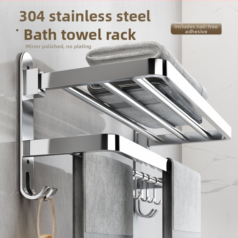 Összecsukható törölközőtartó 304 rozsdamentes acélból, 2 szint, fürdőszobai tároló polc, fényes felület, teherbírás 20 kg