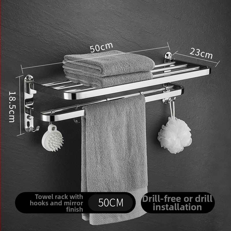 Összecsukható törölközőtartó 304 rozsdamentes acélból, 2 szint, fürdőszobai tároló polc, fényes felület, teherbírás 20 kg
