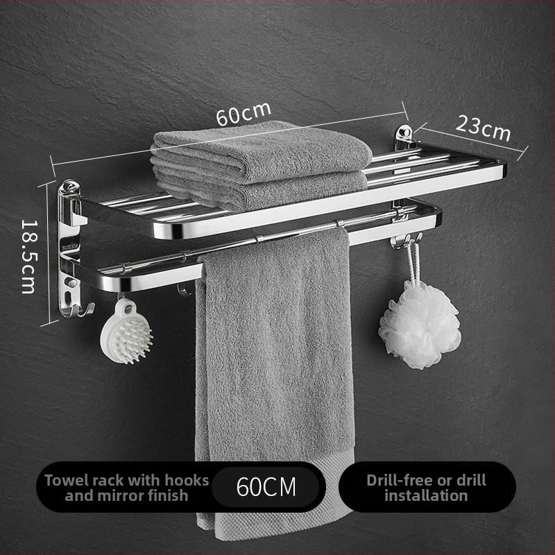 Összecsukható törölközőtartó 304 rozsdamentes acélból, 2 szint, fürdőszobai tároló polc, fényes felület, teherbírás 20 kg