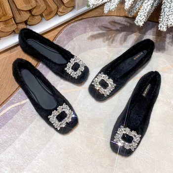 Γυναικείες φλατ με τετράγωνη μύτη, γούνινο πάνω μέρος και επένδυση, slip-on, χαμηλό τακούνι 1-3 εκ