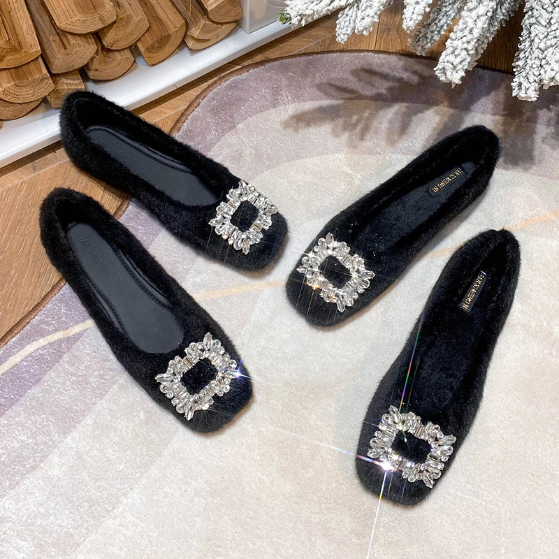 Γυναικείες φλατ με τετράγωνη μύτη, γούνινο πάνω μέρος και επένδυση, slip-on, χαμηλό τακούνι 1-3 εκ