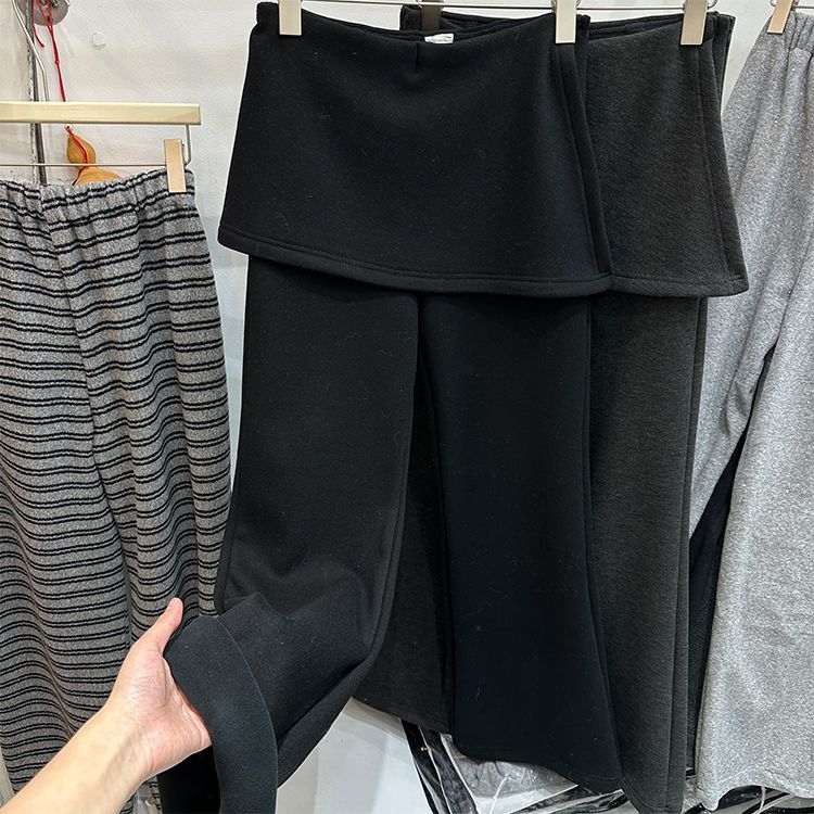 Korejski stil široke hlače za žene, s flekso unutrašnjom podstavom, hlače-suknja all-in-one, chenille-spandex smjesa, srednja debljina, zadržava toplinu, proljeće 2025
