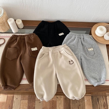 Koreai stílusú gyerek nadrág fleece-béléssel, 85% pamut, 3–8 éveseknek, téli, laza szabású
