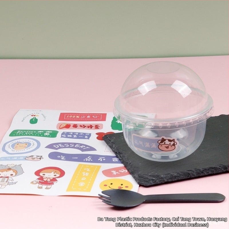 Bobo Cup PET пластмасова чаша с капак, вилица и лъжица, пакет стикери, възможност за печат на лого