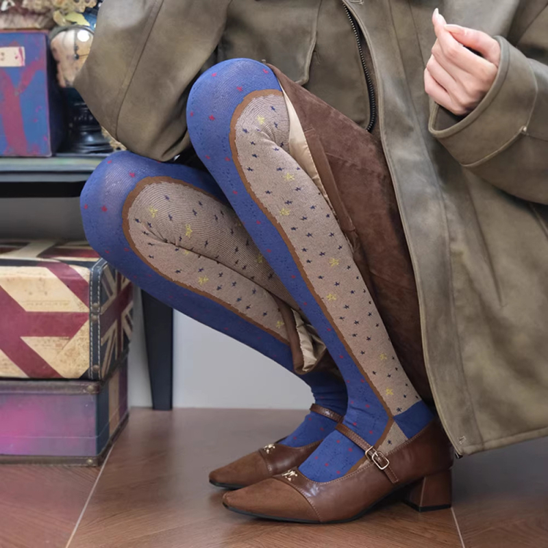 Női állatmintás pamut–elasztán harisnya, közepes vastagságú, meleg