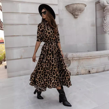Haljina s leopard uzorkom, dugi rukavi, A-linija silueta, V izrez, midi dužina