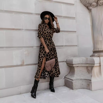 Haljina s leopard uzorkom, dugi rukavi, A-linija silueta, V izrez, midi dužina